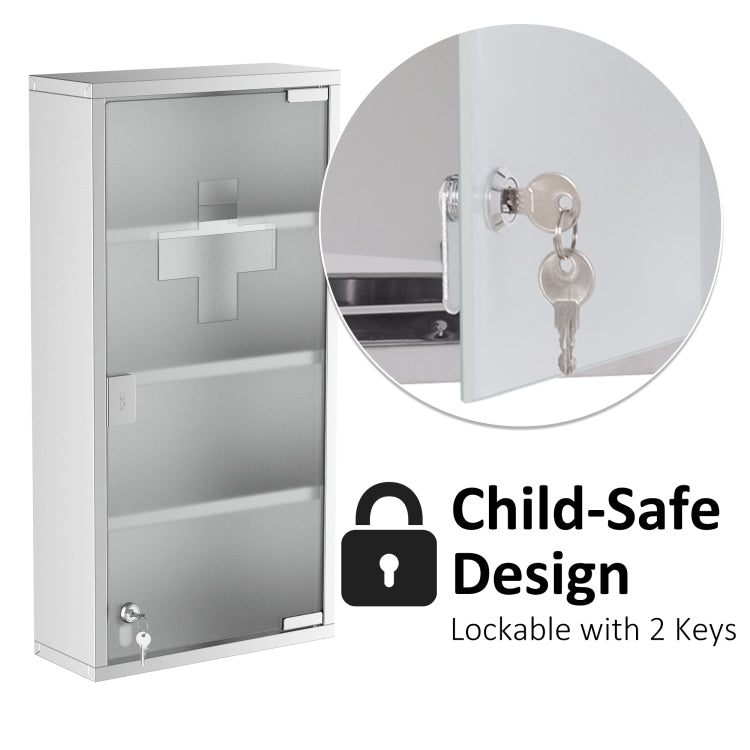 Kleankin Wall Mounted Medicine Cabinet, Locking Wall Cabinet With 4 Tier Shelves, Stainless Steel Frame And Glass Door, Lockable With 2 Keys, Silver, 12" X 24"