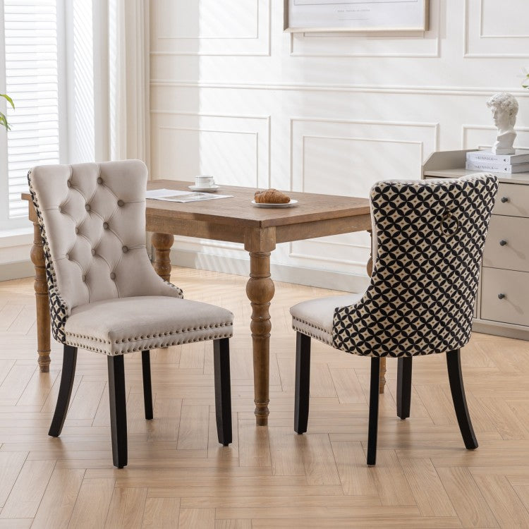 Classic Velvet Dining Chairs, High End Tufted Solid Wood Contemporary Velvet Upholstered Dining Chair With Wood Legs Nailhead, Set Of 2,Beige And Patterned,Sw2201Bg