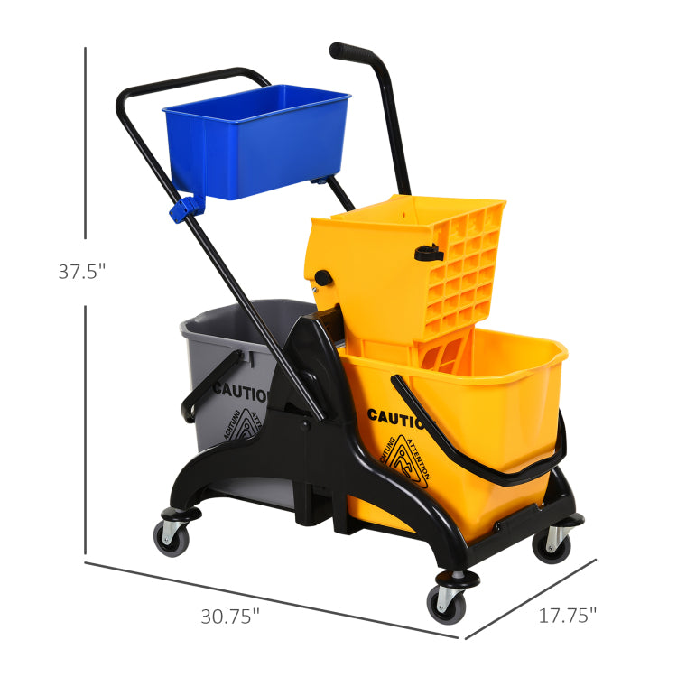 Homcom 6.9 Gallon Mop Water Bucket Wringer Cart With Easy To Use Side Press Wringer, Smooth Wheels, Mop Handle Holder