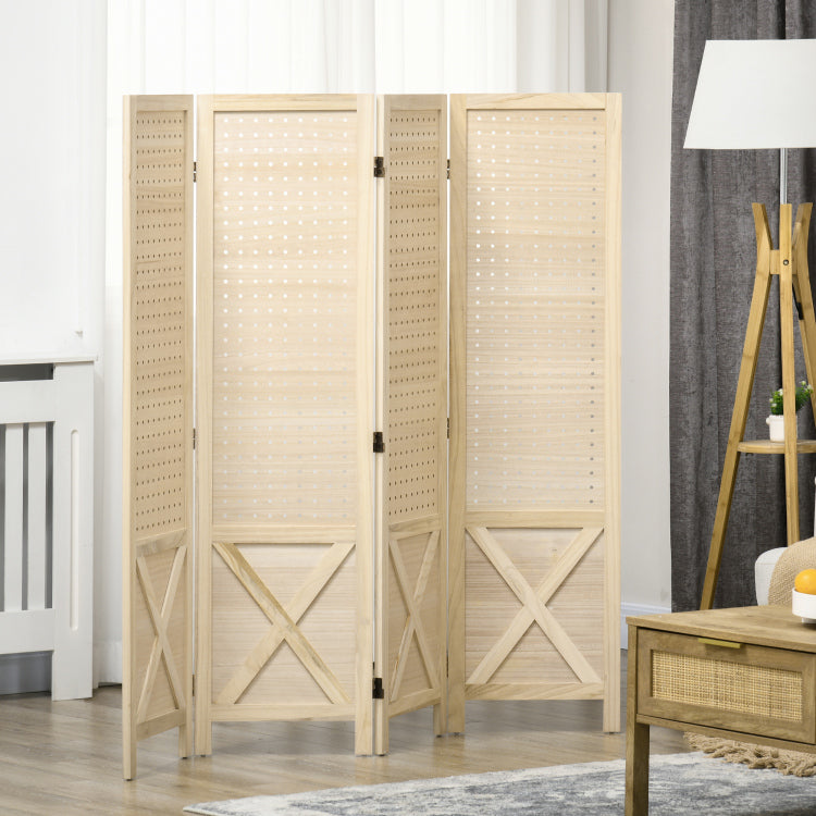 Homcom 4 Panel Pegboard Display Room Divider, 4.7' Tall Wood Indoor Portable Folding Privacy Screen, Partition Wall Divider For Home Office, Natural