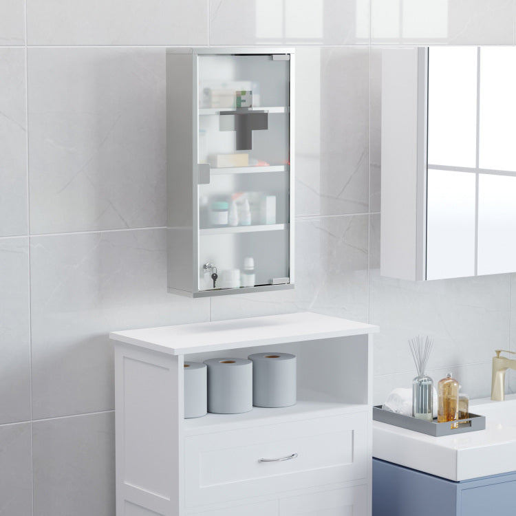 Kleankin Wall Mounted Medicine Cabinet, Locking Wall Cabinet With 4 Tier Shelves, Stainless Steel Frame And Glass Door, Lockable With 2 Keys, Silver, 12" X 24"