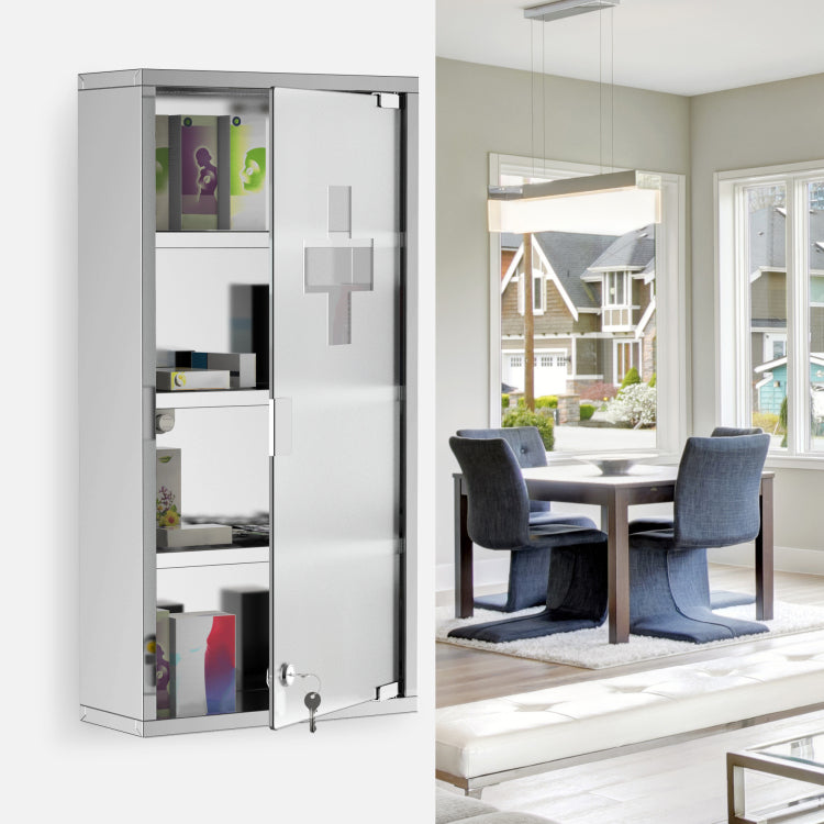 Kleankin Wall Mounted Medicine Cabinet, Locking Wall Cabinet With 4 Tier Shelves, Stainless Steel Frame And Glass Door, Lockable With 2 Keys, Silver, 12" X 24"