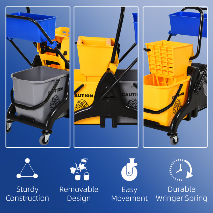 Homcom 6.9 Gallon Mop Water Bucket Wringer Cart With Easy To Use Side Press Wringer, Smooth Wheels, Mop Handle Holder