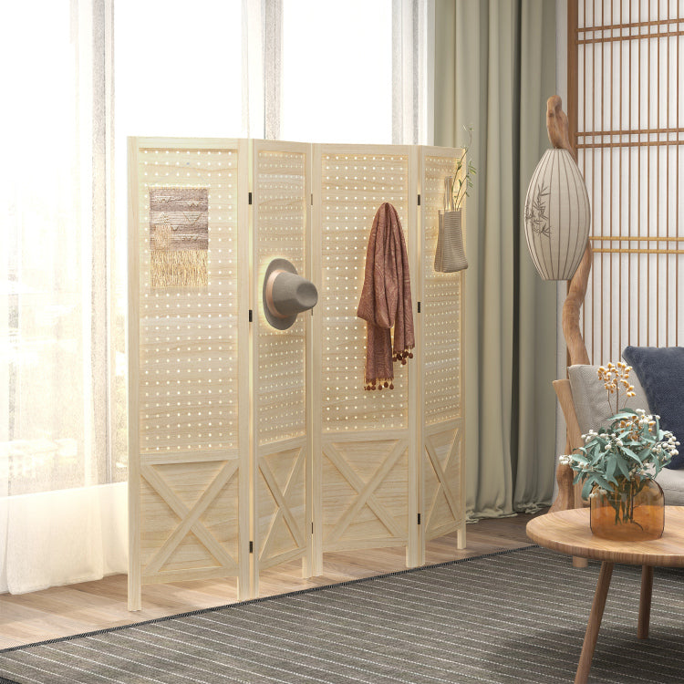 Homcom 4 Panel Pegboard Display Room Divider, 4.7' Tall Wood Indoor Portable Folding Privacy Screen, Partition Wall Divider For Home Office, Natural