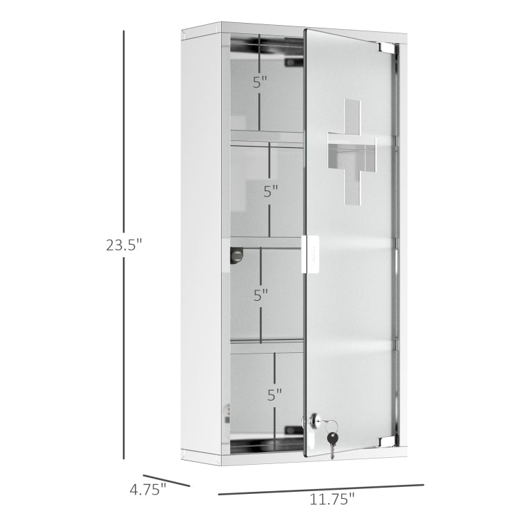 Kleankin Wall Mounted Medicine Cabinet, Locking Wall Cabinet With 4 Tier Shelves, Stainless Steel Frame And Glass Door, Lockable With 2 Keys, Silver, 12" X 24"