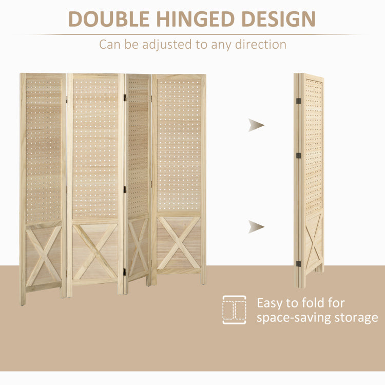 Homcom 4 Panel Pegboard Display Room Divider, 4.7' Tall Wood Indoor Portable Folding Privacy Screen, Partition Wall Divider For Home Office, Natural