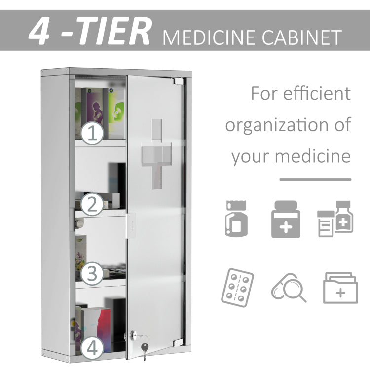 Kleankin Wall Mounted Medicine Cabinet, Locking Wall Cabinet With 4 Tier Shelves, Stainless Steel Frame And Glass Door, Lockable With 2 Keys, Silver, 12" X 24"