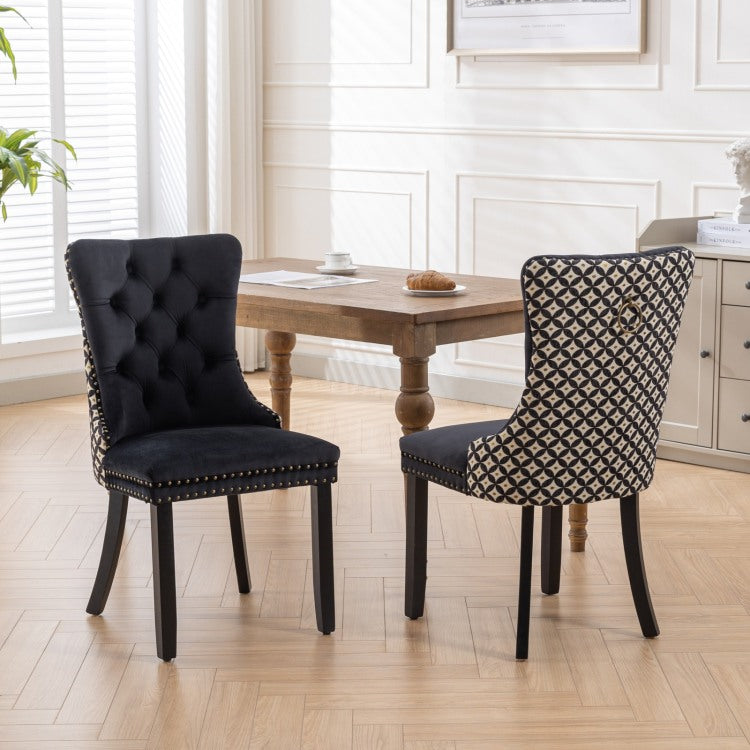Classic Velvet Dining Chairs, High End Tufted Solid Wood Contemporary Velvet Upholstered Dining Chair With Wood Legs Nailhead, Set Of 2,Black And Patterned,Sw2201Bk