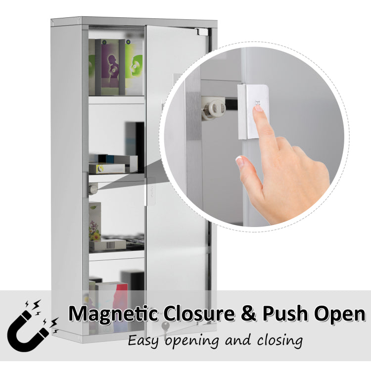 Kleankin Wall Mounted Medicine Cabinet, Locking Wall Cabinet With 4 Tier Shelves, Stainless Steel Frame And Glass Door, Lockable With 2 Keys, Silver, 12" X 24"