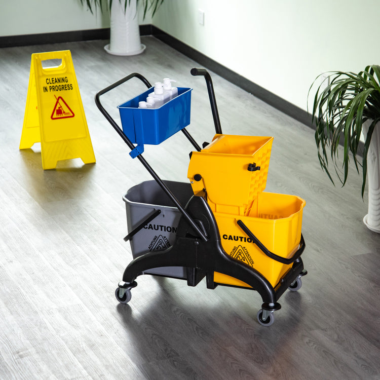 Homcom 6.9 Gallon Mop Water Bucket Wringer Cart With Easy To Use Side Press Wringer, Smooth Wheels, Mop Handle Holder