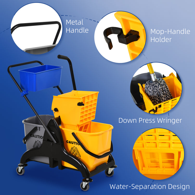 Homcom 6.9 Gallon Mop Water Bucket Wringer Cart With Easy To Use Side Press Wringer, Smooth Wheels, Mop Handle Holder