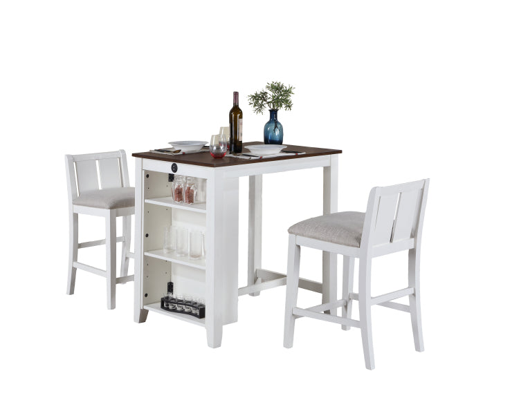 Graham 36" 3 Piece White Finish Small Space Counter Height Dining Table With Shelves And 2 Chairs