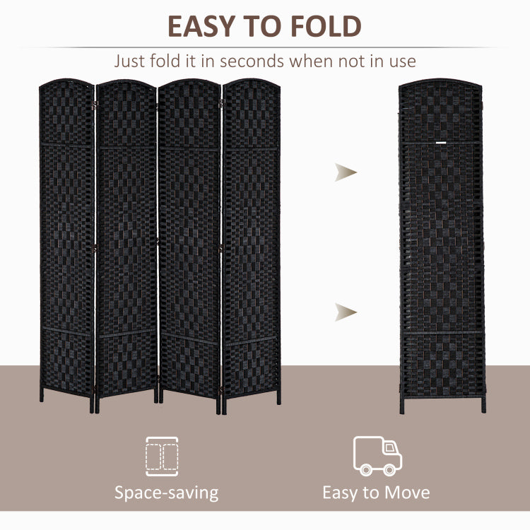 Homcom 6' Tall Wicker Weave 4 Panel Room Divider Privacy Screen Black