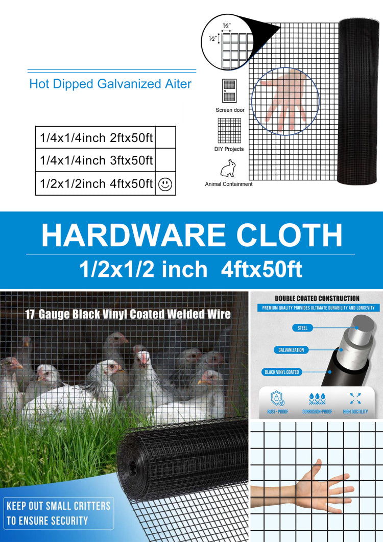 48 Inch 50 Ft Black Vinyl Coated Hardware Cloth, 19 Gauge 1 2 Inch Black Pvc Hardware Cloth, Black Welded Wire Fence Supports Poultry Netting Cage Home Improvement And Chicken Coop
