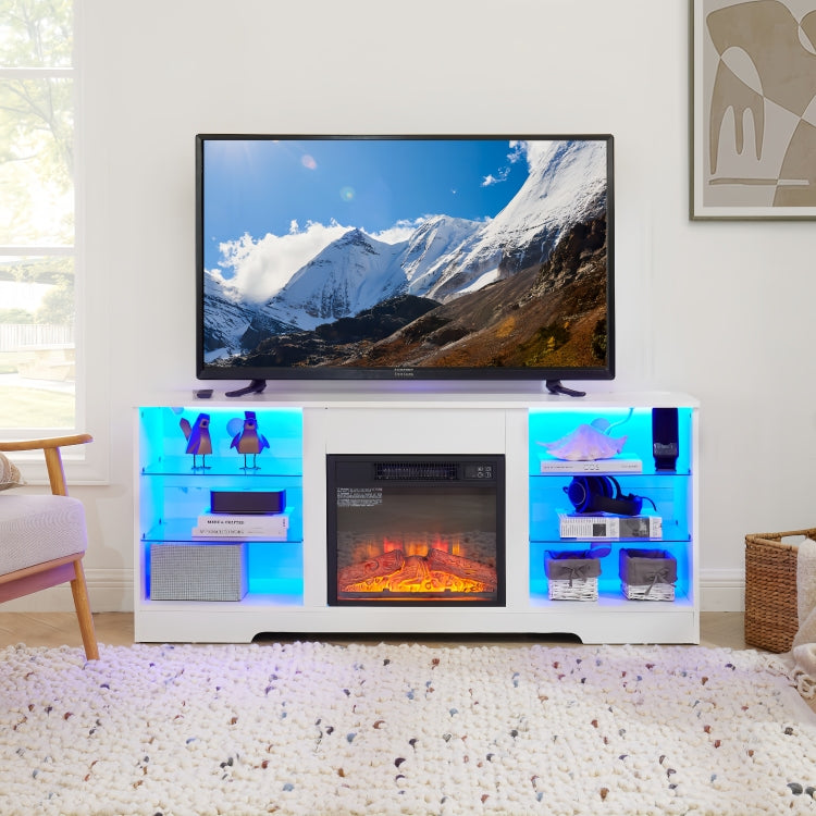 Tv Stand Electric Fireplace Tv Stand With Glass Shelves, 3D Fireplace Tv Stand With Led Lights Wood With Usb Charging Outlet Modern Television Table Center For Tv Up To 32 62" White
