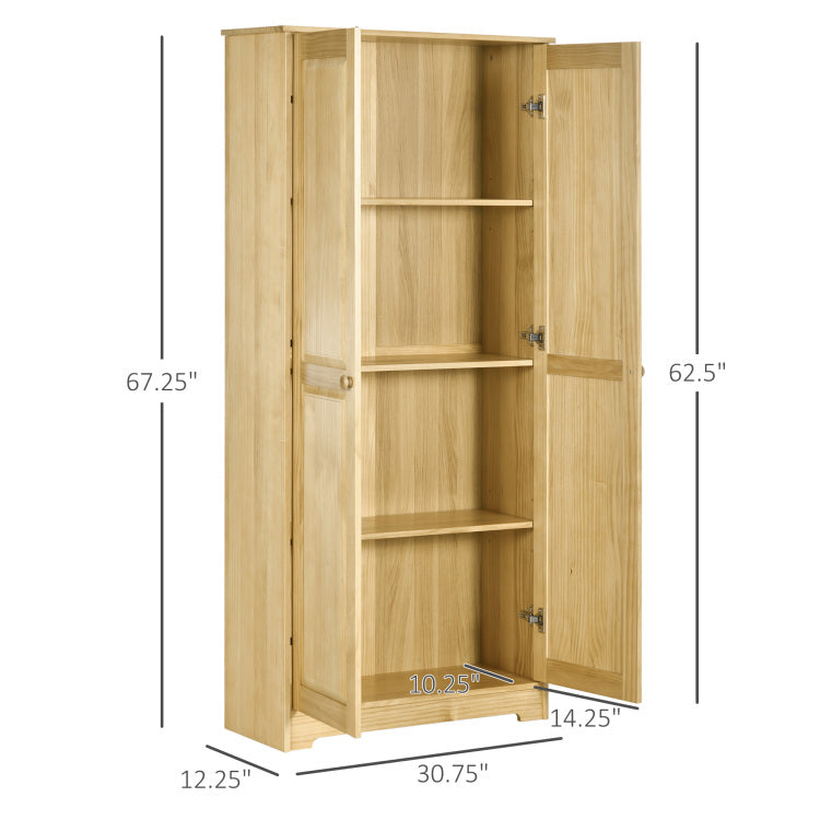 Homcom 67" Pinewood Kitchen Pantry Storage Cabinet, Freestanding Cabinets With Doors And Shelf Adjustability, Soft Close Mechanism, Living Room & Dining Room Furniture, Light Brown