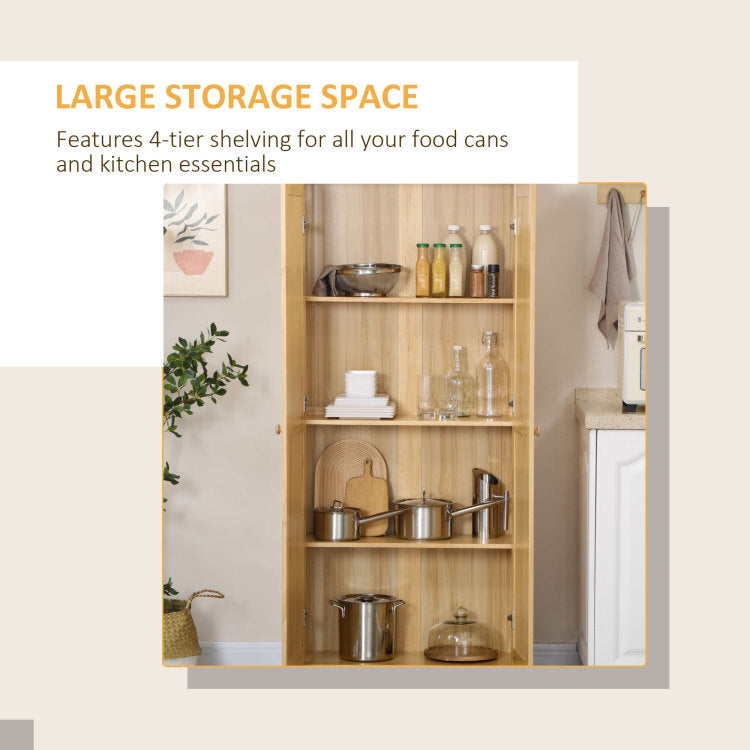 Homcom 67" Pinewood Kitchen Pantry Storage Cabinet, Freestanding Cabinets With Doors And Shelf Adjustability, Soft Close Mechanism, Living Room & Dining Room Furniture, Light Brown