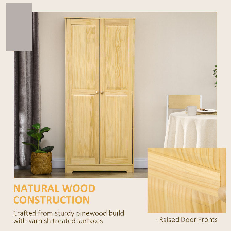 Homcom 67" Pinewood Kitchen Pantry Storage Cabinet, Freestanding Cabinets With Doors And Shelf Adjustability, Soft Close Mechanism, Living Room & Dining Room Furniture, Light Brown