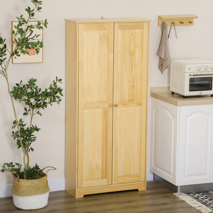 Homcom 67" Pinewood Kitchen Pantry Storage Cabinet, Freestanding Cabinets With Doors And Shelf Adjustability, Soft Close Mechanism, Living Room & Dining Room Furniture, Light Brown