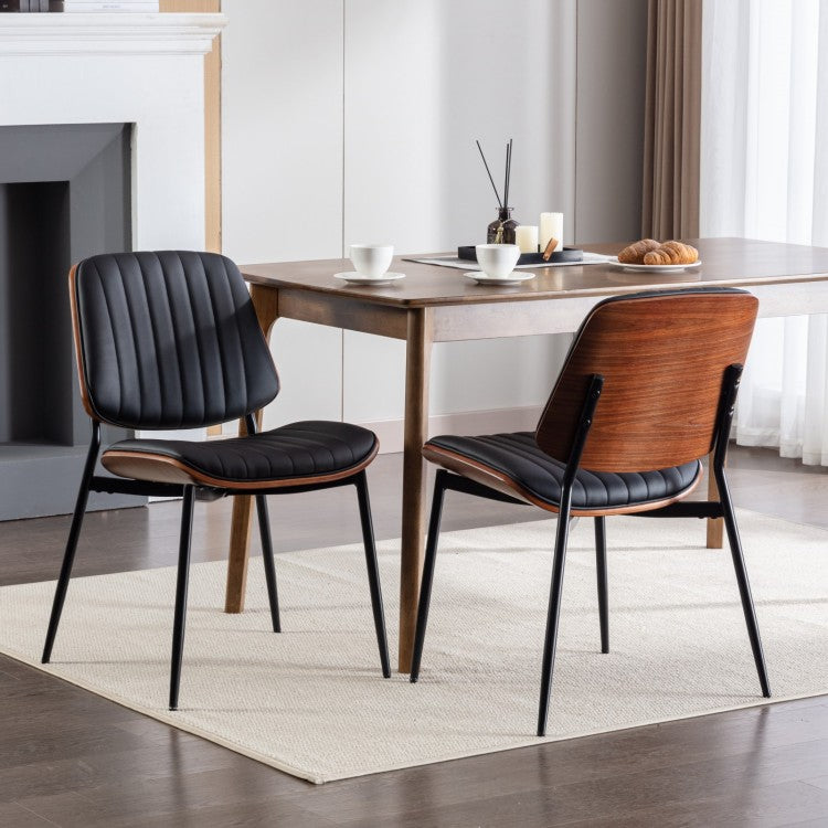 Dining Chairs Set Of 2 Mid Century Modern Retro Faux Leather Chair With Walnut Bentwood Back Upholstered Seat Metal Legs Adjustable Foot For Kitchen Dining Room Chairs Black Pu