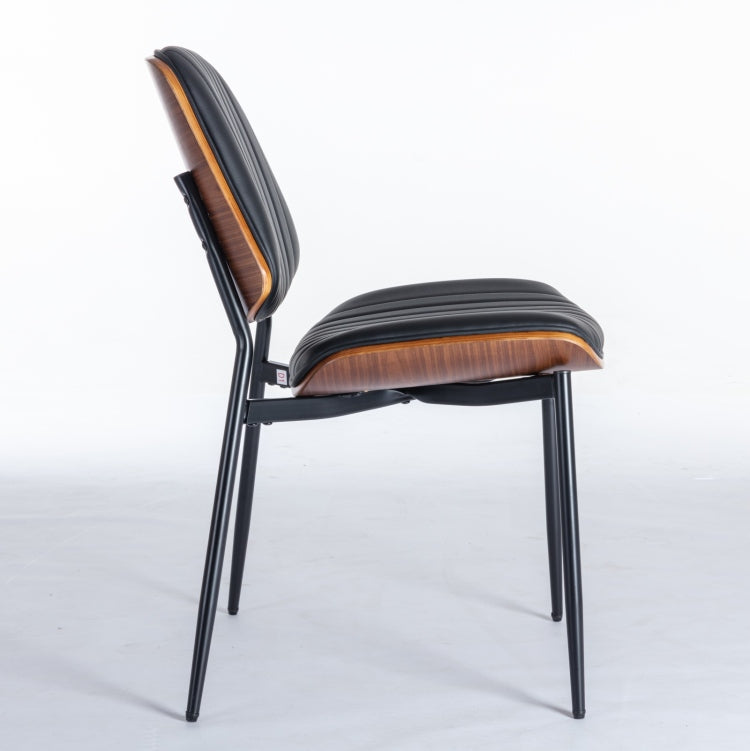 Dining Chairs Set Of 2 Mid Century Modern Retro Faux Leather Chair With Walnut Bentwood Back Upholstered Seat Metal Legs Adjustable Foot For Kitchen Dining Room Chairs Black Pu