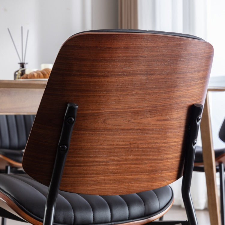 Dining Chairs Set Of 2 Mid Century Modern Retro Faux Leather Chair With Walnut Bentwood Back Upholstered Seat Metal Legs Adjustable Foot For Kitchen Dining Room Chairs Black Pu