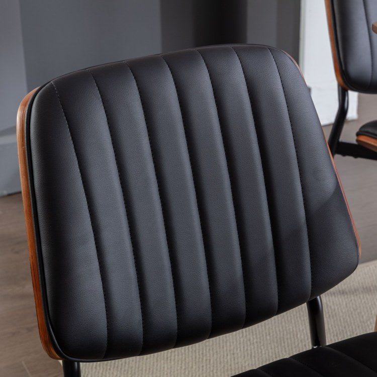 Dining Chairs Set Of 2 Mid Century Modern Retro Faux Leather Chair With Walnut Bentwood Back Upholstered Seat Metal Legs Adjustable Foot For Kitchen Dining Room Chairs Black Pu