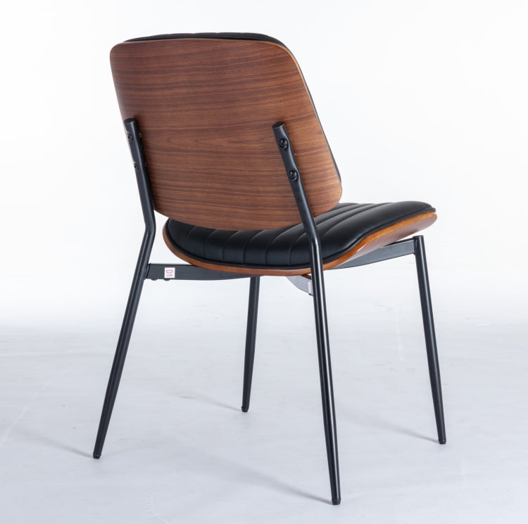 Dining Chairs Set Of 2 Mid Century Modern Retro Faux Leather Chair With Walnut Bentwood Back Upholstered Seat Metal Legs Adjustable Foot For Kitchen Dining Room Chairs Black Pu