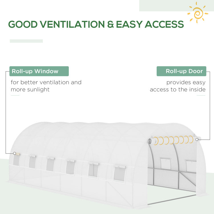 Outsunny 19.7' X 9.8' X 6.6' Plastic Greenhouse Cover Replacement, Heavy Duty Waterproof Tarp For Hoop House, Sheeting With 12 Windows, Door & Reinforcement Grid, White