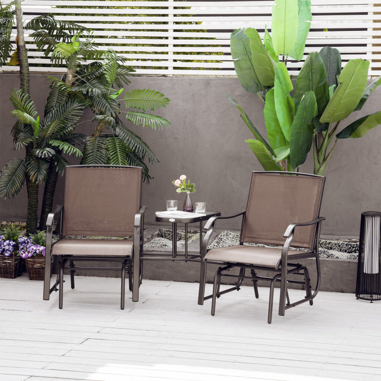 Outsunny Outdoor Glider Chairs With Coffee Table, Patio 2 Seat Rocking Chair Swing Loveseat With Sling For Backyard, Garden, And Porch, Coffee Brown