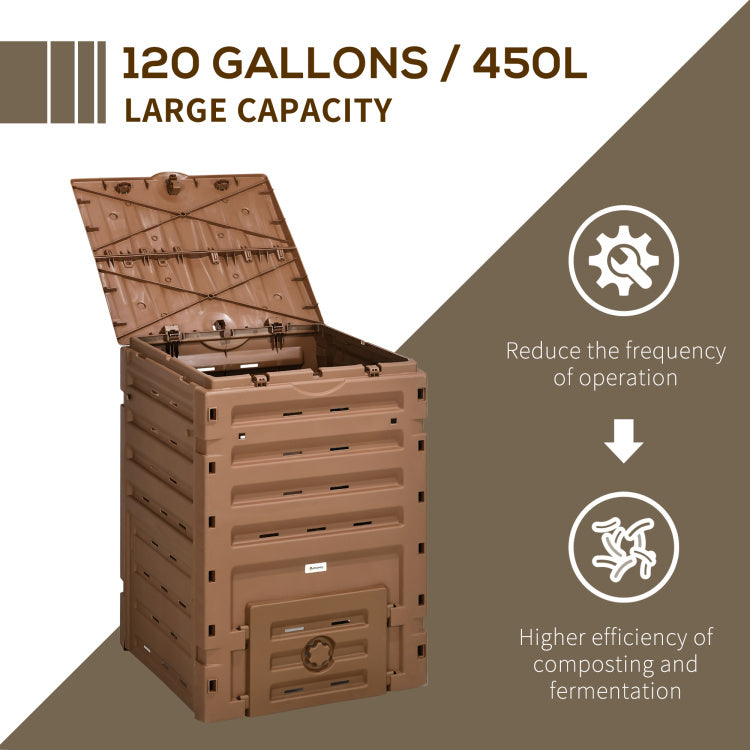 Outsunny Garden Compost Bin, 120 Gallon 450L Garden Composter, Bpa Free, With 80 Vents And 2 Sliding Doors, Lightweight & Sturdy, Fast Creation Of Fertile Soil, Brown