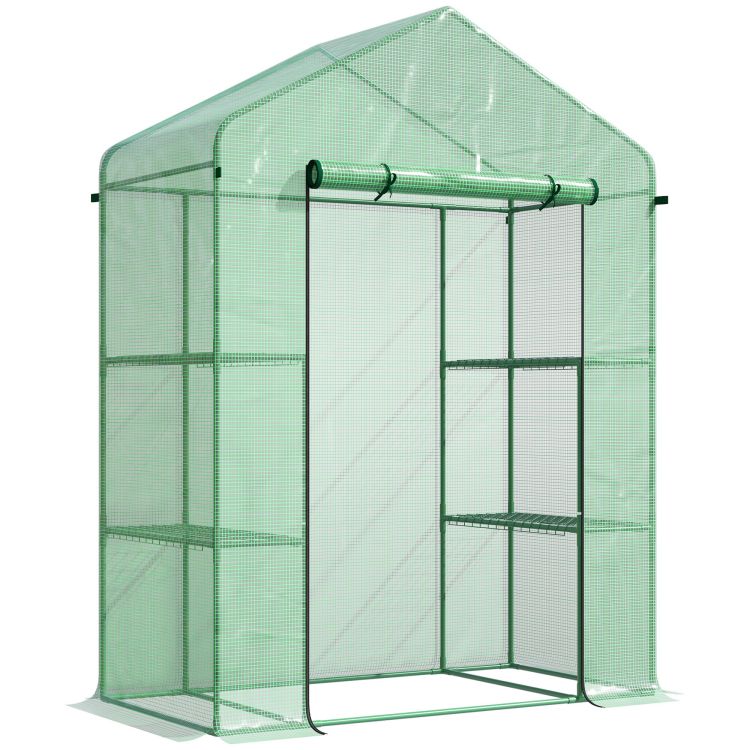 Outsunny 5' X 2.5' X 6.5' Mini Walk In Greenhouse Kit, Portable Green House With 3 Tier Shleves, Roll Up Door, And Weatherized Pe Cover For Backyard Garden, Green