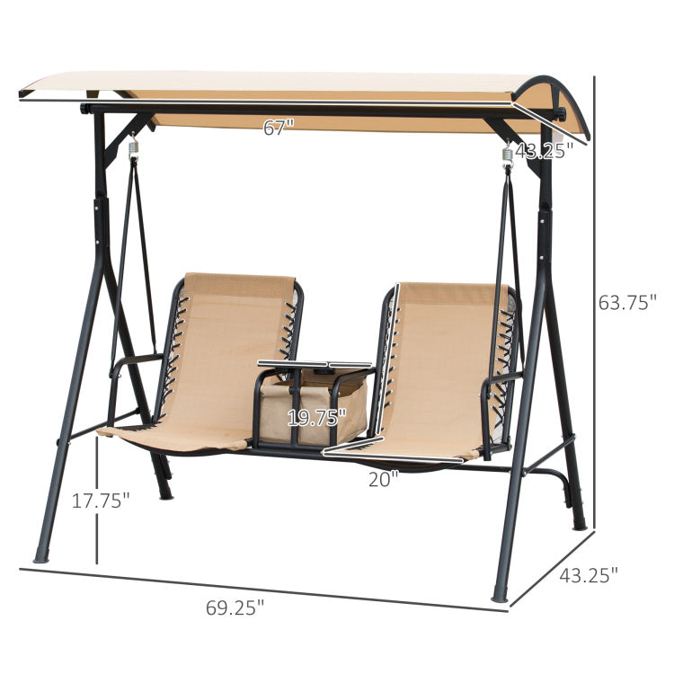 Outsunny 2 Seat Patio Swing Chair, Outdoor Canopy Swing Glider With Pivot Storage Table, Cup Holder, Adjustable Shade, Bungie Seat Suspension And Weather Resistant Steel Frame, Beige