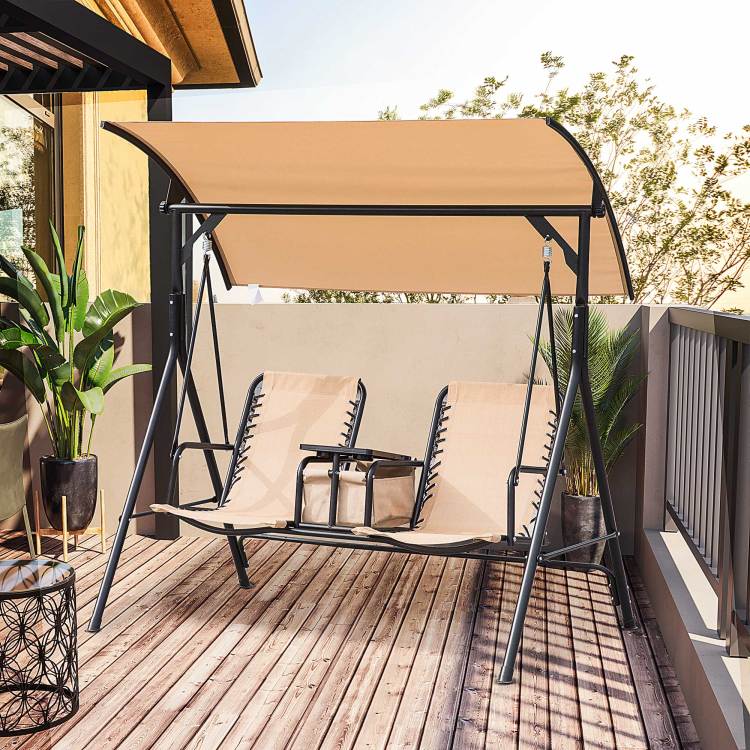 Outsunny 2 Seat Patio Swing Chair, Outdoor Canopy Swing Glider With Pivot Storage Table, Cup Holder, Adjustable Shade, Bungie Seat Suspension And Weather Resistant Steel Frame, Beige