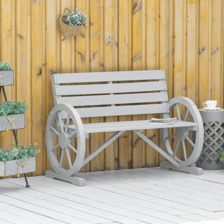 Outsunny 41" Wooden Wagon Wheel Bench, Rustic Outdoor Patio Weather Resistance Furniture, 2 Person Slatted Seat Bench With Backrest, Light Gray