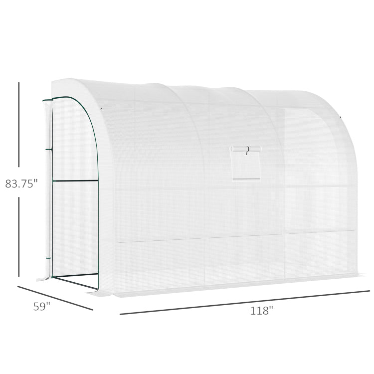 Outsunny 10' X 5' X 7' Lean To Greenhouse, Walk In Green House, Plant Nursery With 2 Roll Up Doors And Windows, Pe Cover And 3 Wire Shelves, White