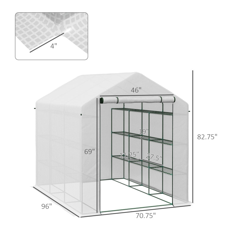 Outsunny Walk In Greenhouse For Outdoors With Roll Up Zipper Door, 18 Shelves, Pe Cover, Small And Portable Green House, Heavy Duty Humidity Seal, 95.25" X 70.75" X 82.75", White