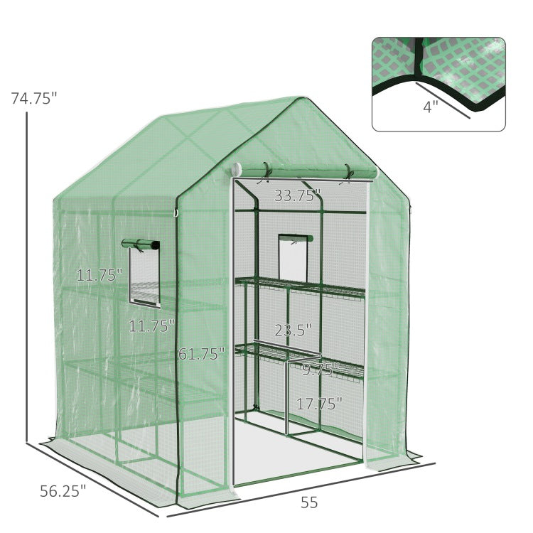 Outsunny 4.6' X 4.7' Portable Greenhouse, Water Uv Resistant Walk In Small Outdoor Greenhouse With 2 Tier U Shaped Flower Rack Shelves, Roll Up Door & Windows, Green