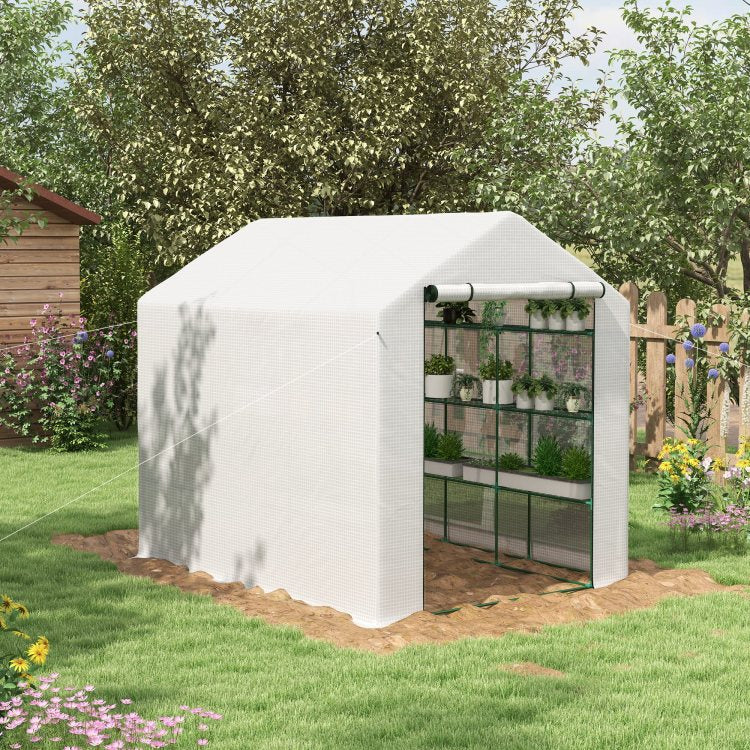 Outsunny Walk In Greenhouse For Outdoors With Roll Up Zipper Door, 18 Shelves, Pe Cover, Small And Portable Green House, Heavy Duty Humidity Seal, 95.25" X 70.75" X 82.75", White