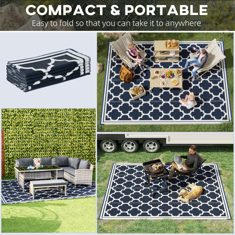 Outsunny Reversible Outdoor Rug Carpet, 9' X 18' Waterproof Plastic Straw Rug, Portable Rv Camping Rugs With Carry Bag, Large Floor Mat For Backyard, Deck, Picnic, Beach, Blue & White