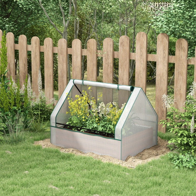 Outsunny Raised Garden Bed With Mini Greenhouse, Galvanized Outdoor Planter Box With Cover, For Herbs And Vegetables, Use For Patio, Garden, Balcony, White Cover And Brown Planter