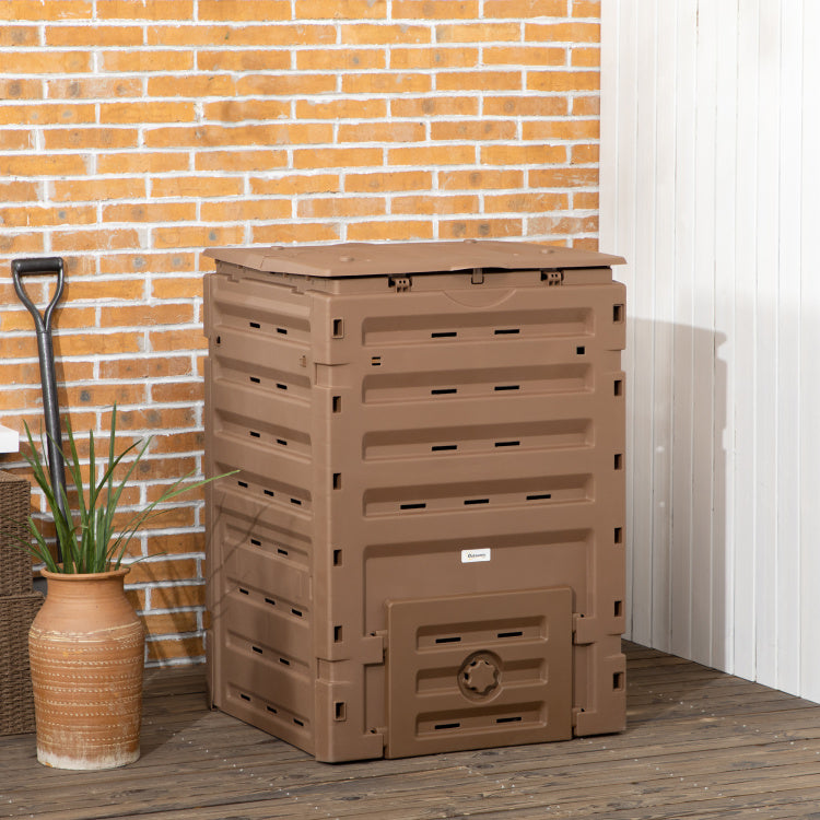 Outsunny Garden Compost Bin, 120 Gallon 450L Garden Composter, Bpa Free, With 80 Vents And 2 Sliding Doors, Lightweight & Sturdy, Fast Creation Of Fertile Soil, Brown