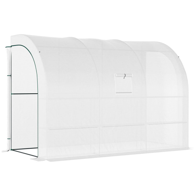 Outsunny 10' X 5' X 7' Lean To Greenhouse, Walk In Green House, Plant Nursery With 2 Roll Up Doors And Windows, Pe Cover And 3 Wire Shelves, White