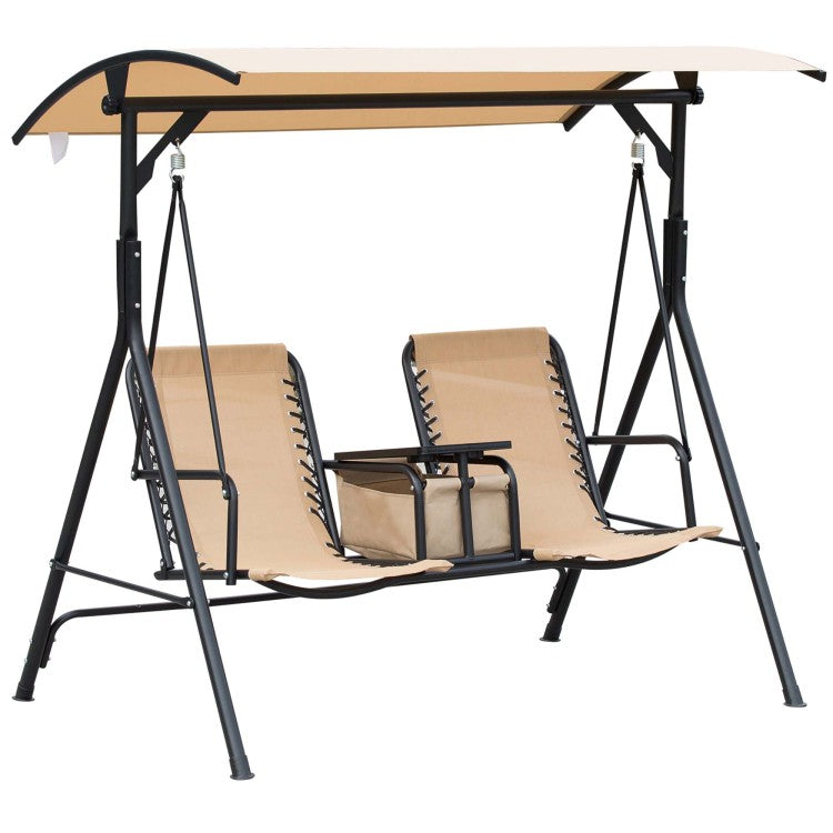 Outsunny 2 Seat Patio Swing Chair, Outdoor Canopy Swing Glider With Pivot Storage Table, Cup Holder, Adjustable Shade, Bungie Seat Suspension And Weather Resistant Steel Frame, Beige