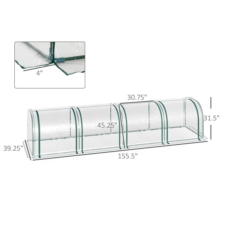 Outsunny Mini Greenhouse, Portable 13' L X 3' W X 2.5' H Tunnels, 4 Roll Up Zip Doors, Uv Waterproof Pvc Cover, Steel Frame, Green
