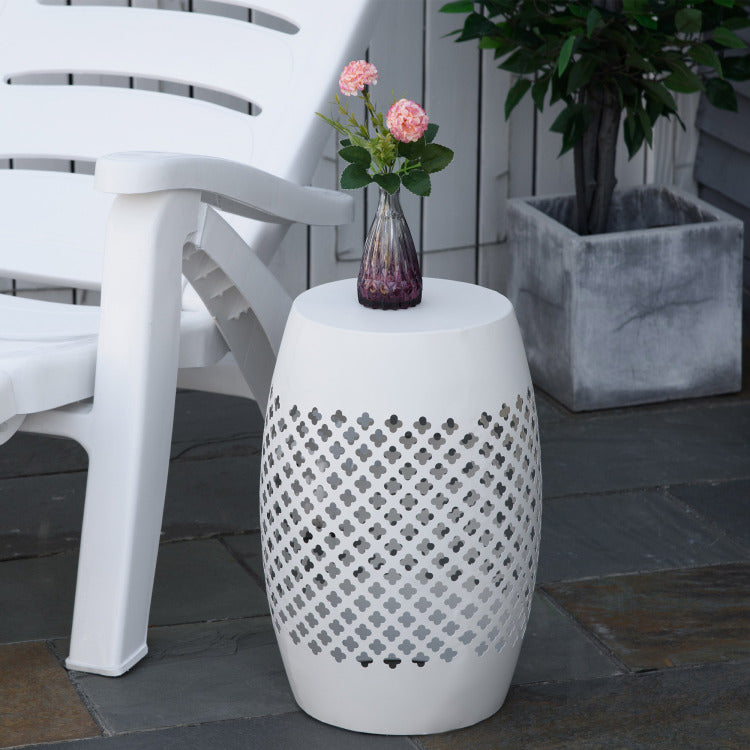 Outsunny 12.5" Steel Patio End Table, Round Hollow Drum Side Table, Accent Table For Indoor And Outdoor, White
