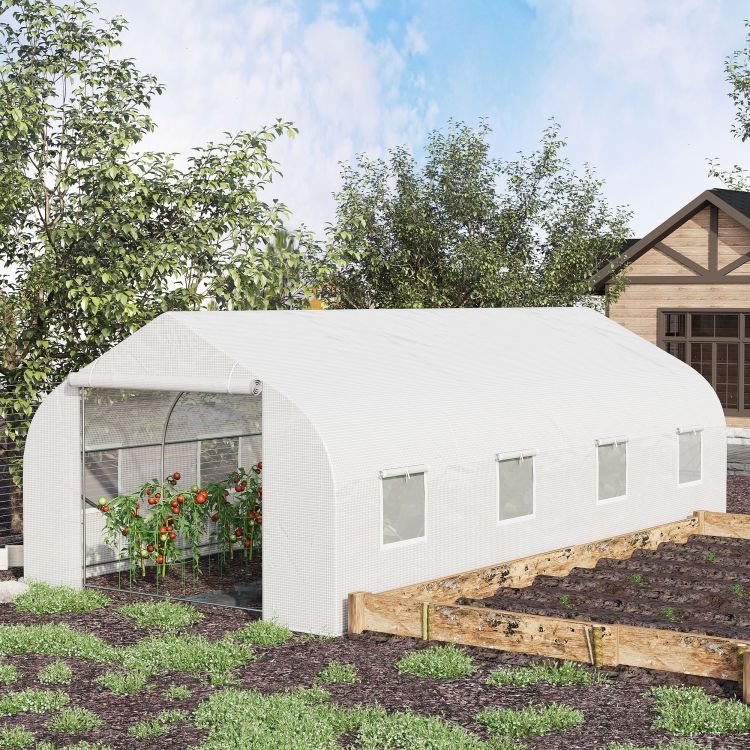Outsunny 20' X 10' X 7' Outdoor Walk In Greenhouse, Tunnel Green House With Roll Up Windows, Zippered Door, Pe Cover, Heavy Duty Steel Frame, White