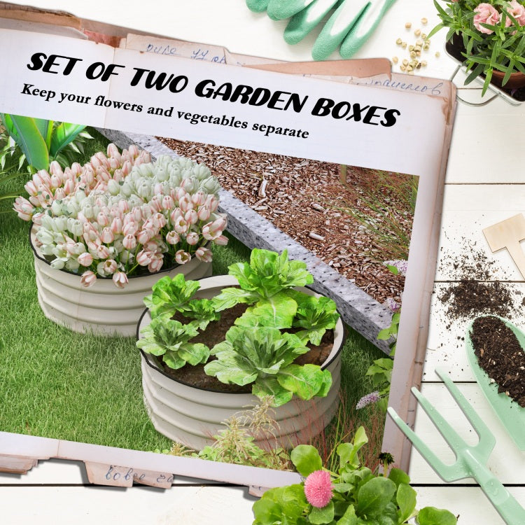 Outsunny Galvanized Raised Garden Bed Set Of 2, Planters For Outdoor Plants With Safety Edging, Easy To Assemble Stock Tanks For Growing Flowers, Herbs And Vegetables, Cream White