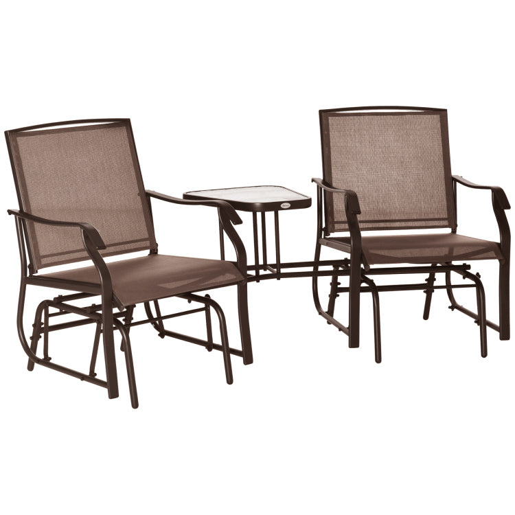 Outsunny Outdoor Glider Chairs With Coffee Table, Patio 2 Seat Rocking Chair Swing Loveseat With Sling For Backyard, Garden, And Porch, Coffee Brown