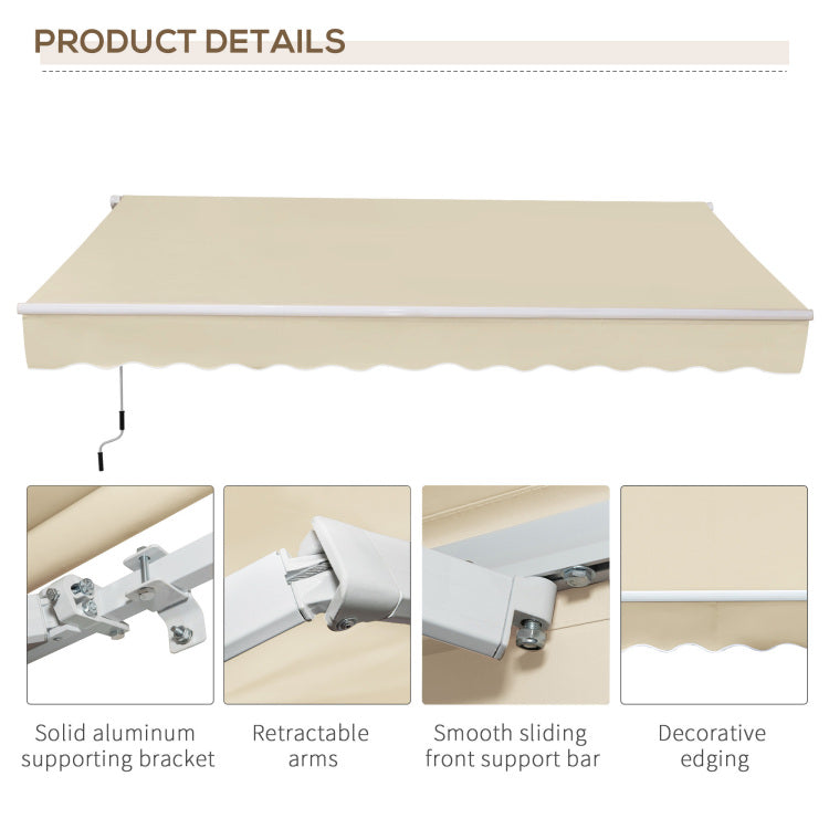 Outsunny 12' X 8' Retractable Awning Patio Awnings Sun Shade Shelter With Manual Crank Handle, 280G M Uv & Water Resistant Fabric And Aluminum Frame For Deck, Balcony, Yard, Cream White